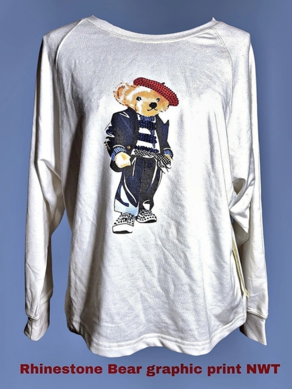 Embellished Fashion Bear, Red Beret Sweatshirt White NWT